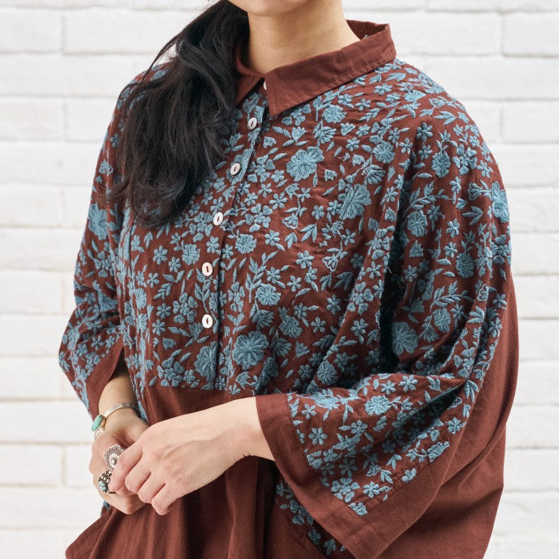 Cotton Small Floral Embroidery Tunic Pullover
