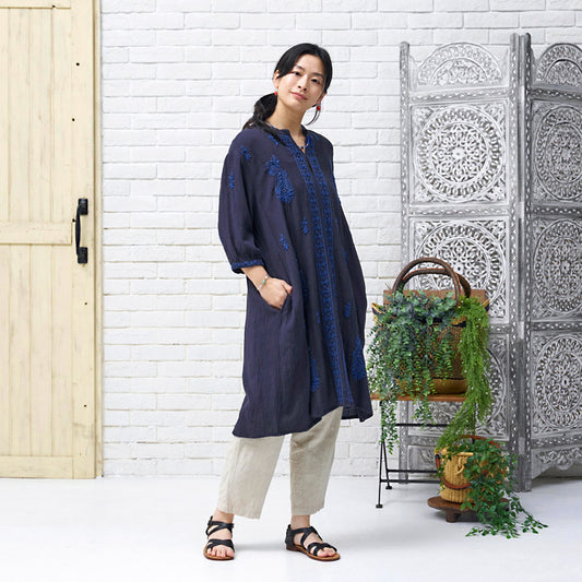 Linen-Blend Lucknow Embroidery Long Blouse N