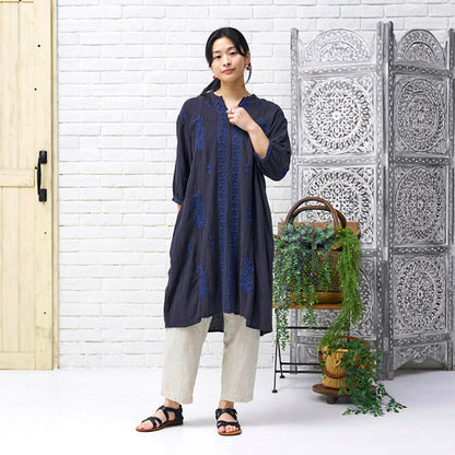 Linen-Blend Lucknow Embroidery Long Blouse N