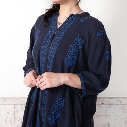 Linen-Blend Lucknow Embroidery Long Blouse N