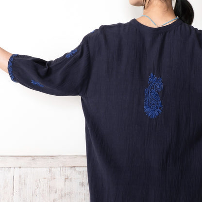 Linen-Blend Lucknow Embroidery Long Blouse N