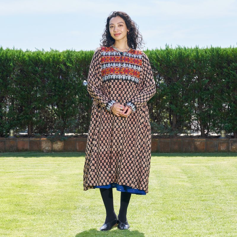 Afghan Style Embroidery + Print Front-Opening Dress