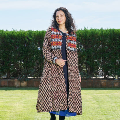 Afghan Style Embroidery + Print Front-Opening Dress