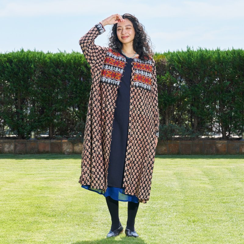 Afghan Style Embroidery + Print Front-Opening Dress