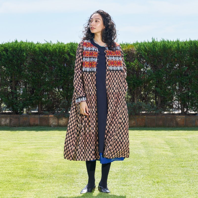 Afghan Style Embroidery + Print Front-Opening Dress