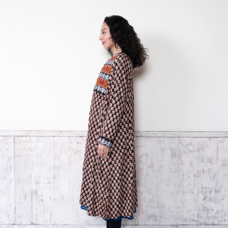Afghan Style Embroidery + Print Front-Opening Dress