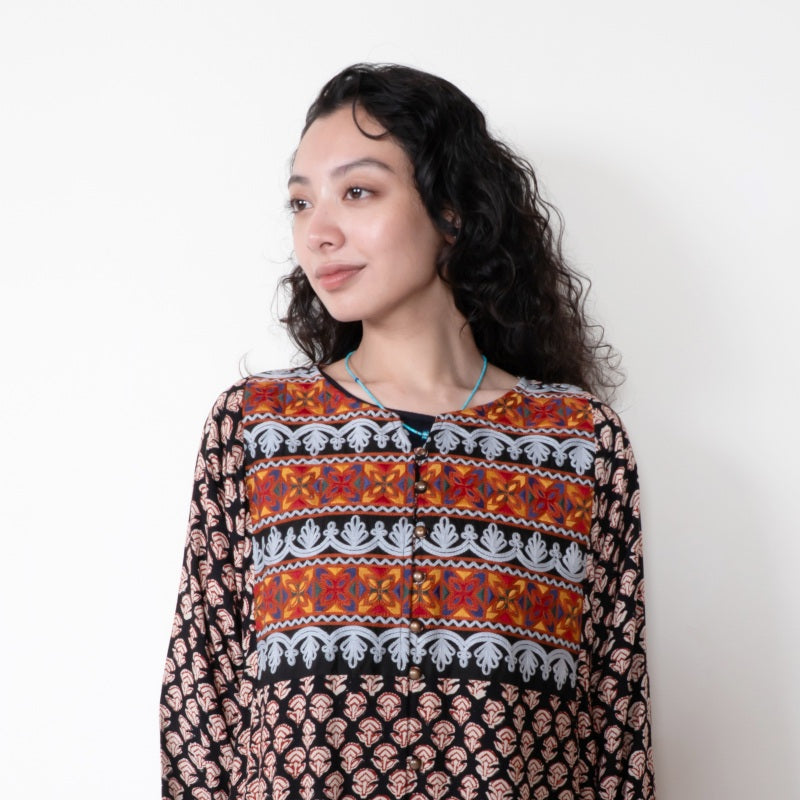 Afghan Style Embroidery + Print Front-Opening Dress