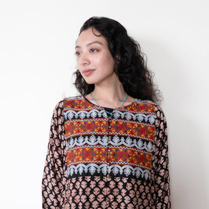Afghan Style Embroidery + Print Front-Opening Dress