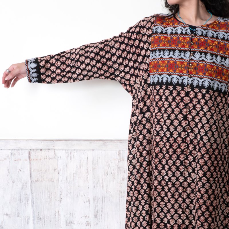 Afghan Style Embroidery + Print Front-Opening Dress