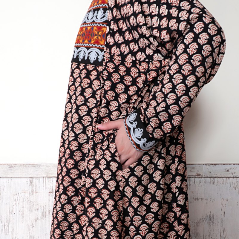 Afghan Style Embroidery + Print Front-Opening Dress