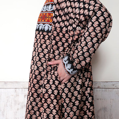 Afghan Style Embroidery + Print Front-Opening Dress
