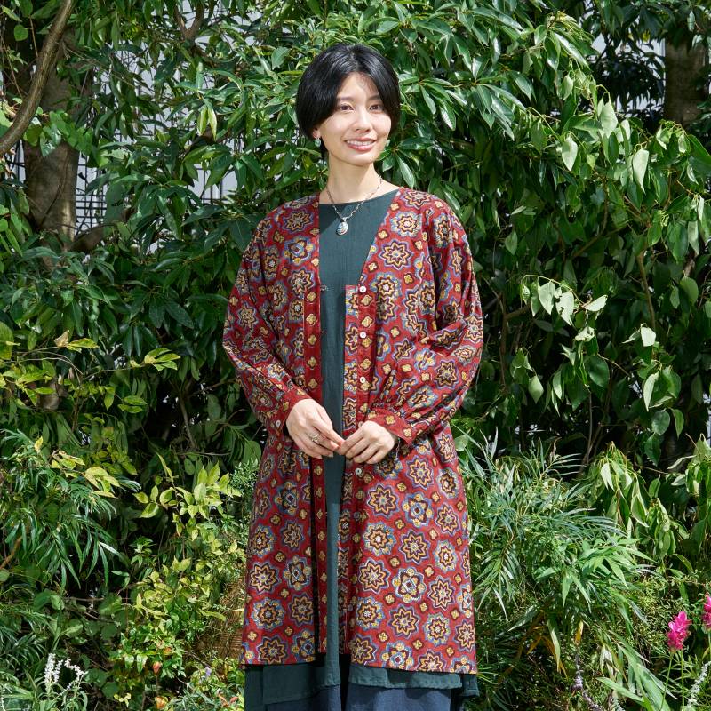 Geometric Block Gathered Sleeve Front Opening Dress