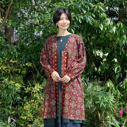 Geometric Block Gathered Sleeve Front Opening Dress