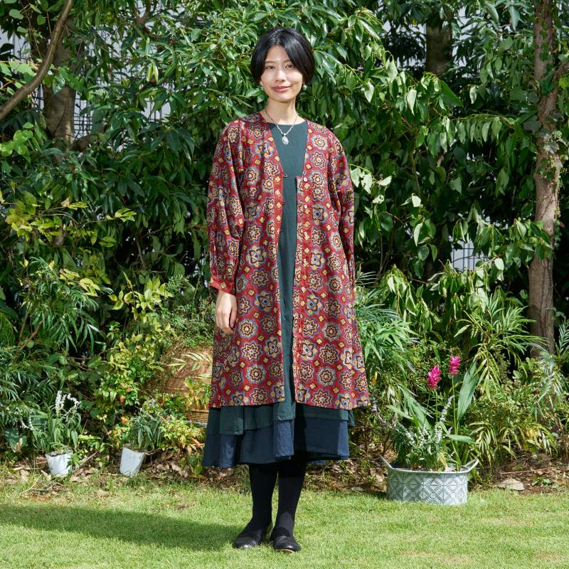 Geometric Block Gathered Sleeve Front Opening Dress