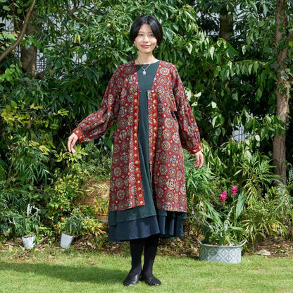 Geometric Block Gathered Sleeve Front Opening Dress