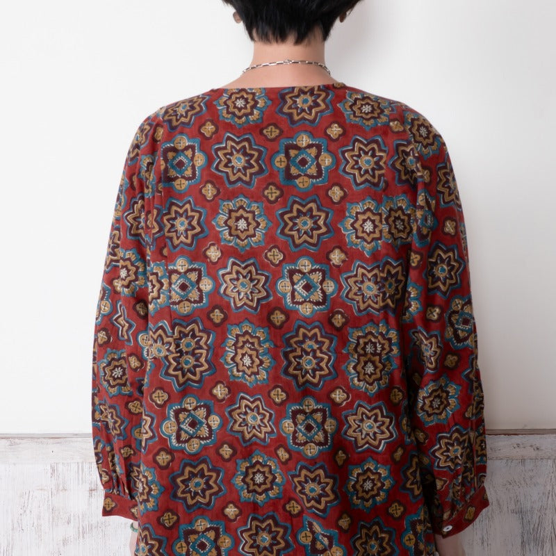 Geometric Block Gathered Sleeve Front Opening Dress