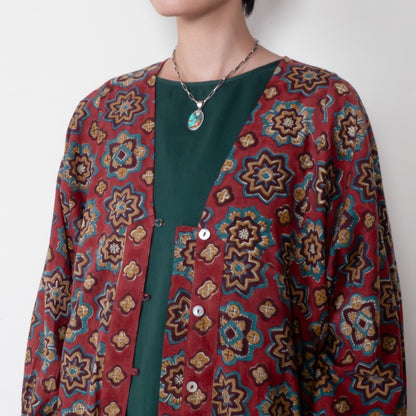 Geometric Block Gathered Sleeve Front Opening Dress