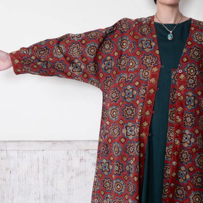 Geometric Block Gathered Sleeve Front Opening Dress
