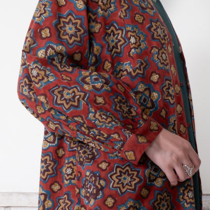 Geometric Block Gathered Sleeve Front Opening Dress