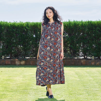 Bagru Floral Print Sleeveless Front Opening Dress