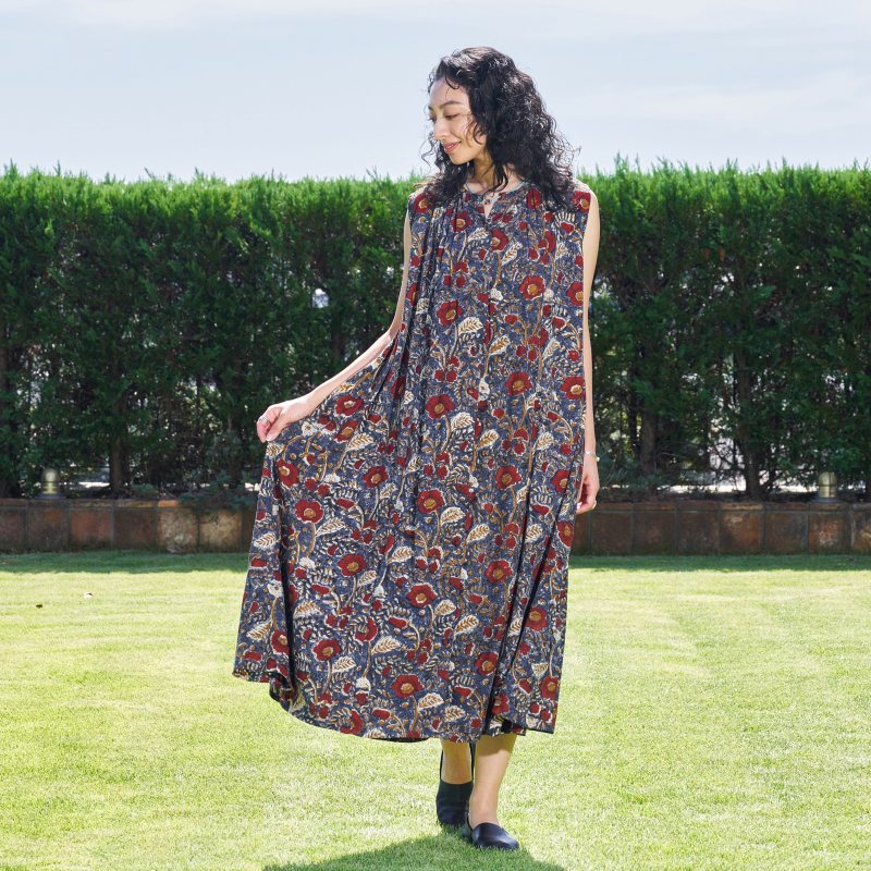 Bagru Floral Print Sleeveless Front Opening Dress