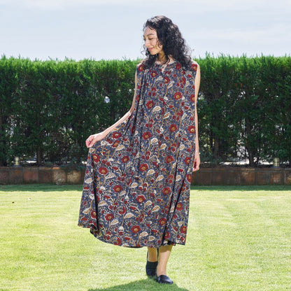 Bagru Floral Print Sleeveless Front Opening Dress