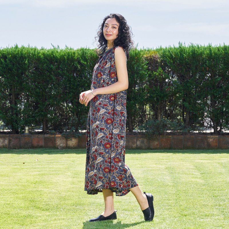 Bagru Floral Print Sleeveless Front Opening Dress