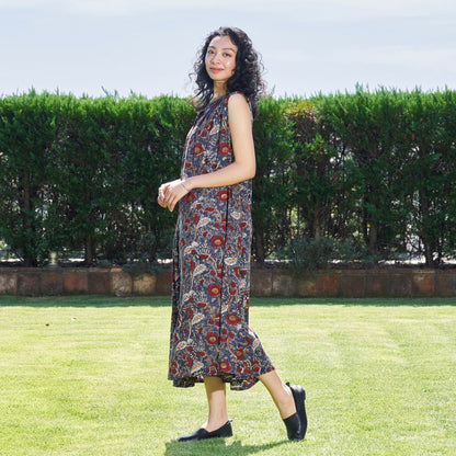 Bagru Floral Print Sleeveless Front Opening Dress