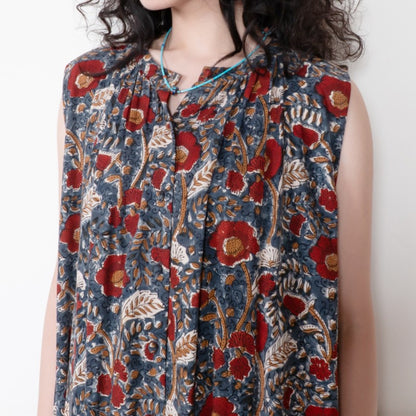 Bagru Floral Print Sleeveless Front Opening Dress