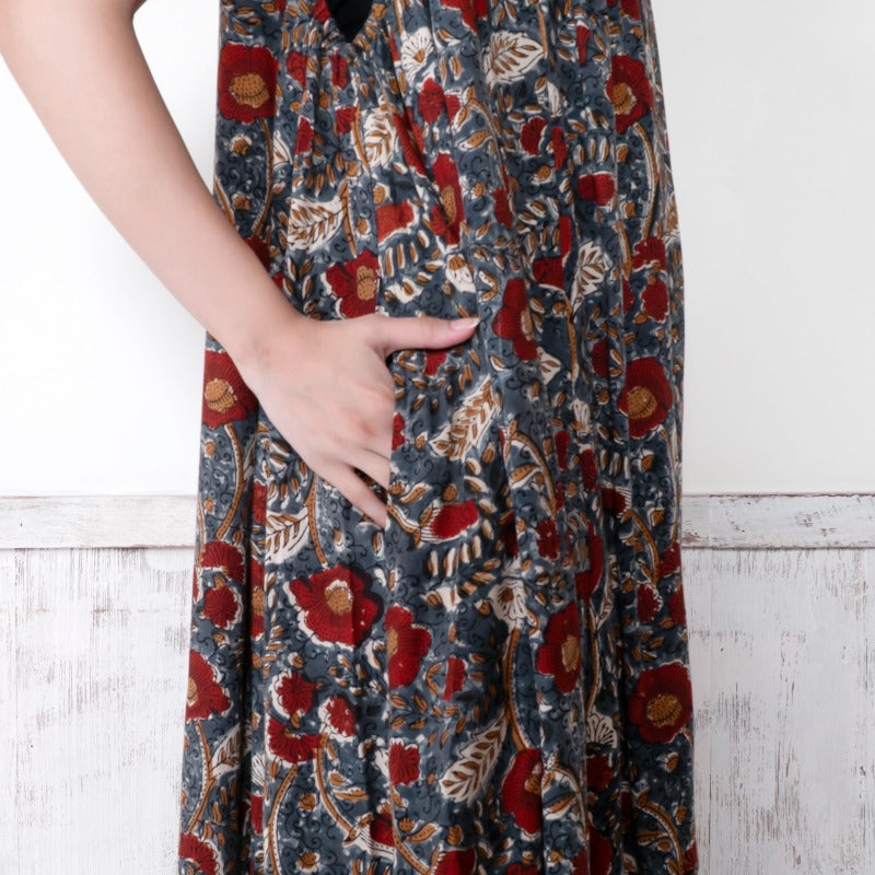 Bagru Floral Print Sleeveless Front Opening Dress