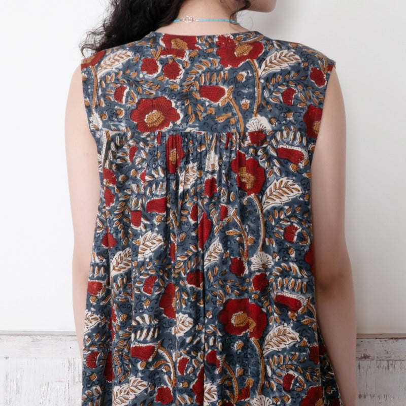 Bagru Floral Print Sleeveless Front Opening Dress