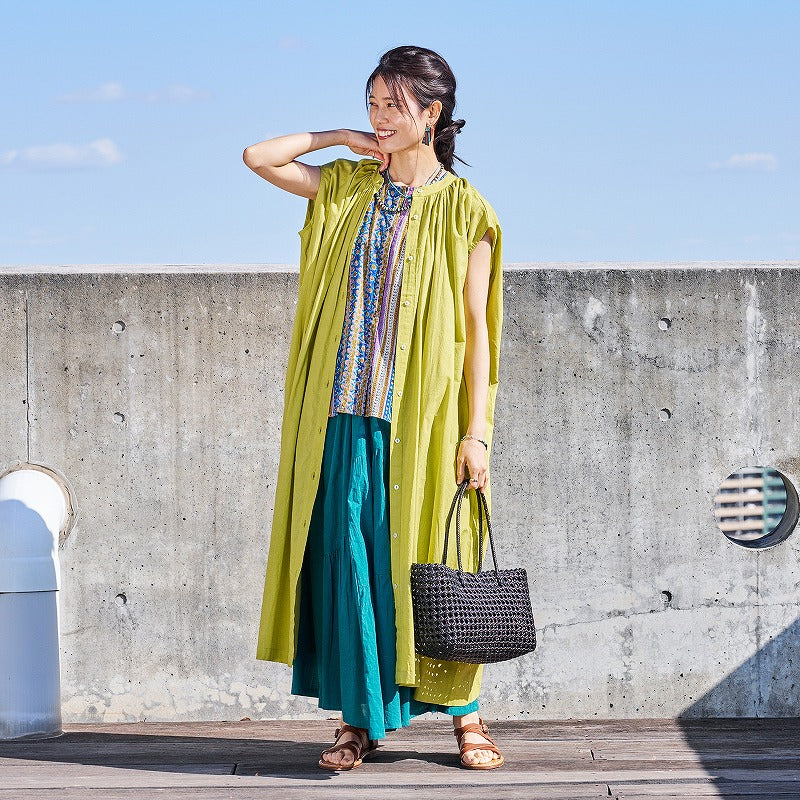 Cotton Voile Gathered Front-Opening Dress