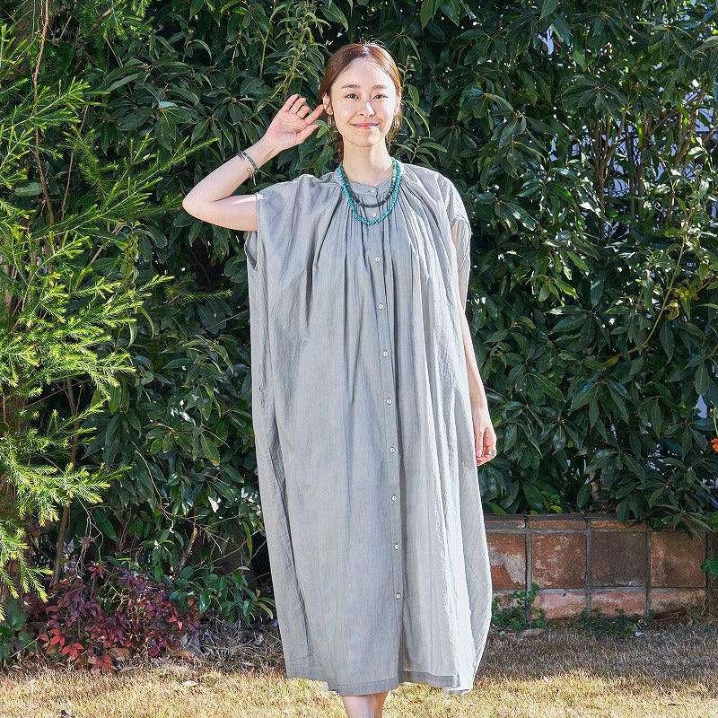 Cotton Voile Gathered Front-Opening Dress
