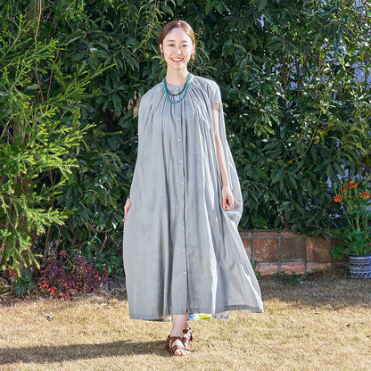 Cotton Voile Gathered Front-Opening Dress