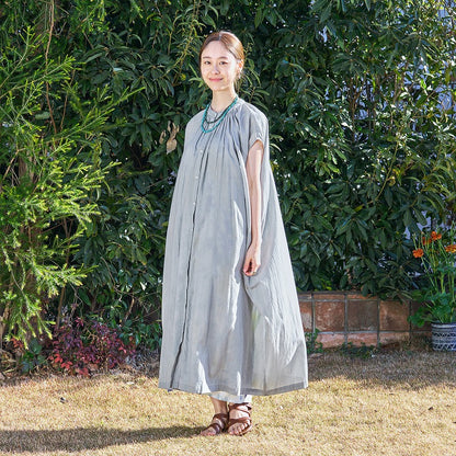 Cotton Voile Gathered Front-Opening Dress
