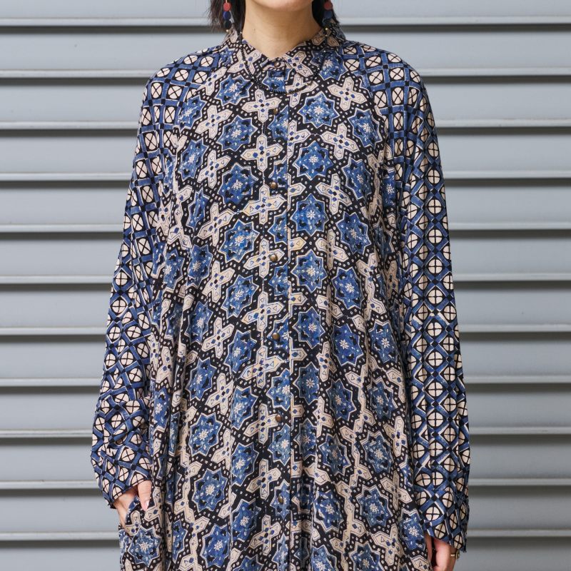 Rayon Geometric Block Print Front-Open Dolman Dress