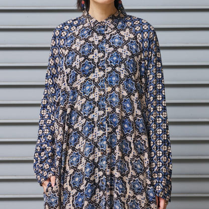 Rayon Geometric Block Print Front-Open Dolman Dress