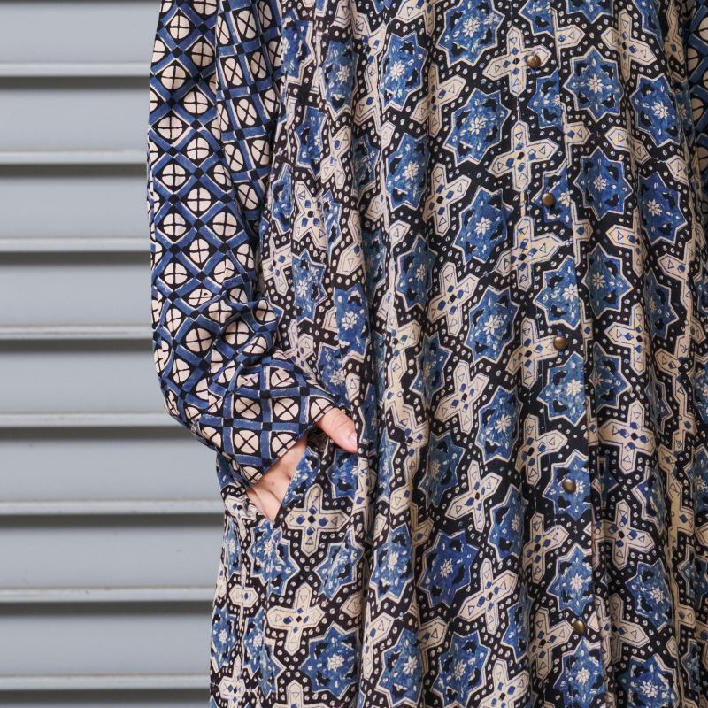 Rayon Geometric Block Print Front-Open Dolman Dress