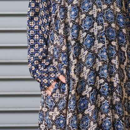 Rayon Geometric Block Print Front-Open Dolman Dress