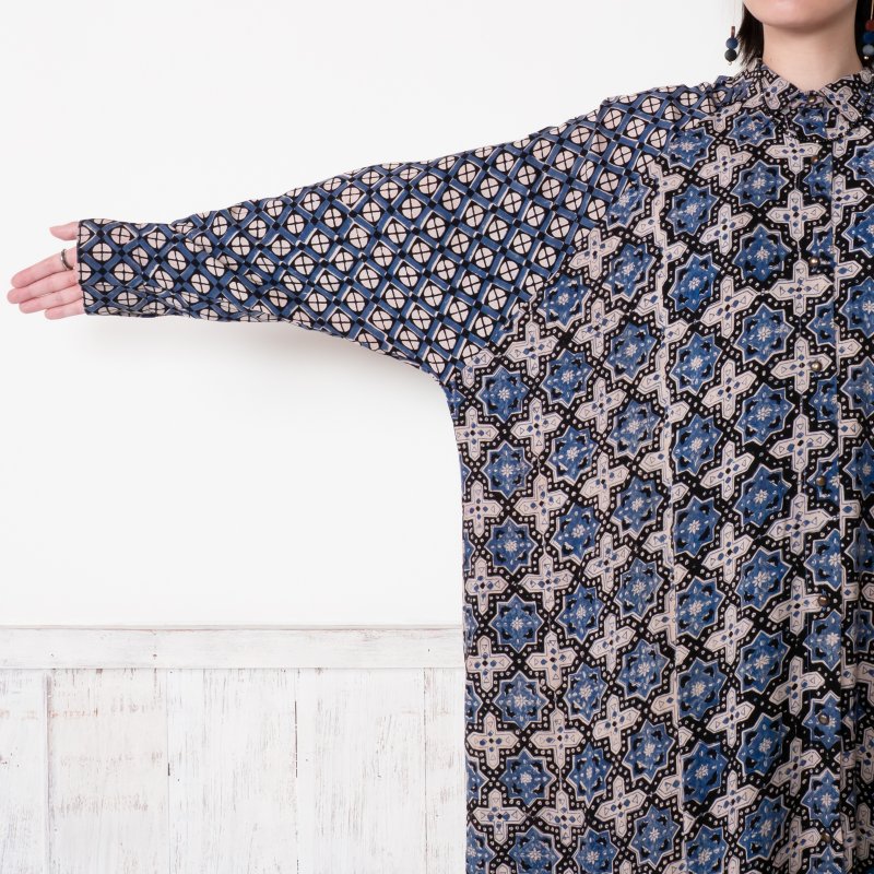 Rayon Geometric Block Print Front-Open Dolman Dress