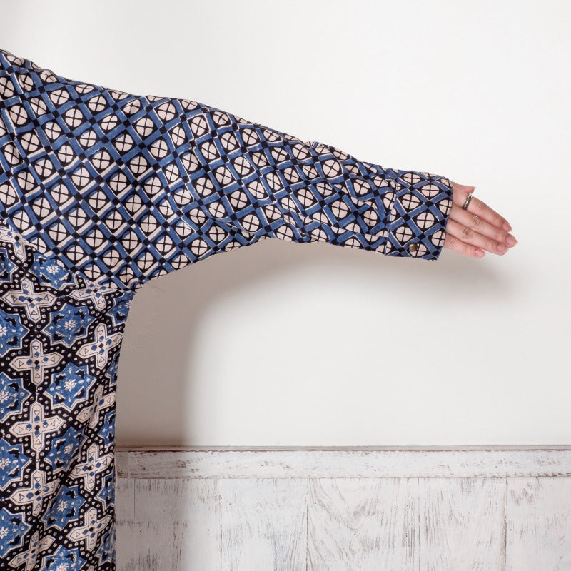 Rayon Geometric Block Print Front-Open Dolman Dress