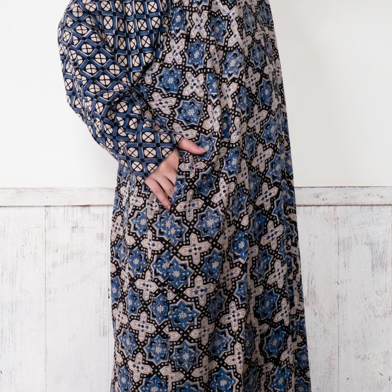 Rayon Geometric Block Print Front-Open Dolman Dress