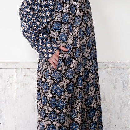 Rayon Geometric Block Print Front-Open Dolman Dress