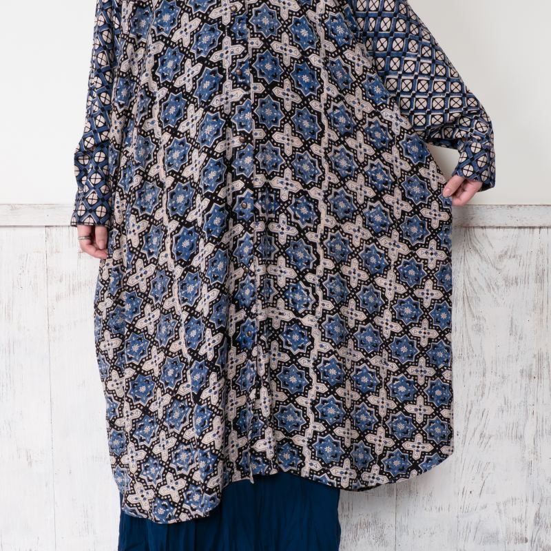 Rayon Geometric Block Print Front-Open Dolman Dress