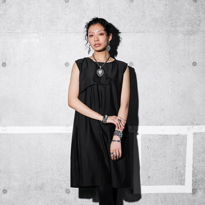 Cotton Silk Fold-Over Collar Sleeveless Dress