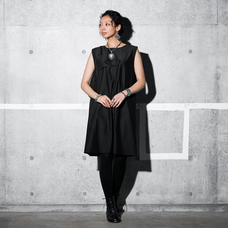 Cotton Silk Fold-Over Collar Sleeveless Dress