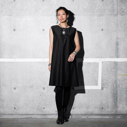 Cotton Silk Fold-Over Collar Sleeveless Dress