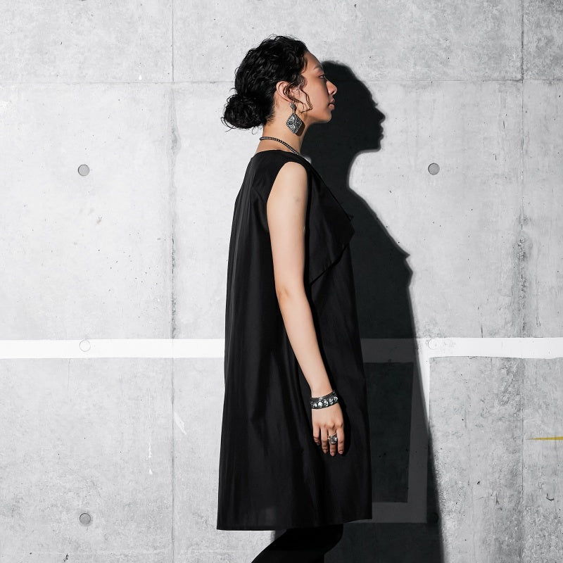 Cotton Silk Fold-Over Collar Sleeveless Dress