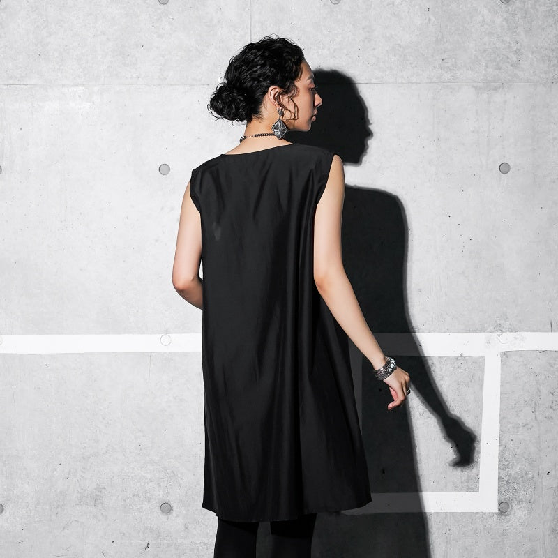 Cotton Silk Fold-Over Collar Sleeveless Dress
