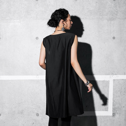 Cotton Silk Fold-Over Collar Sleeveless Dress